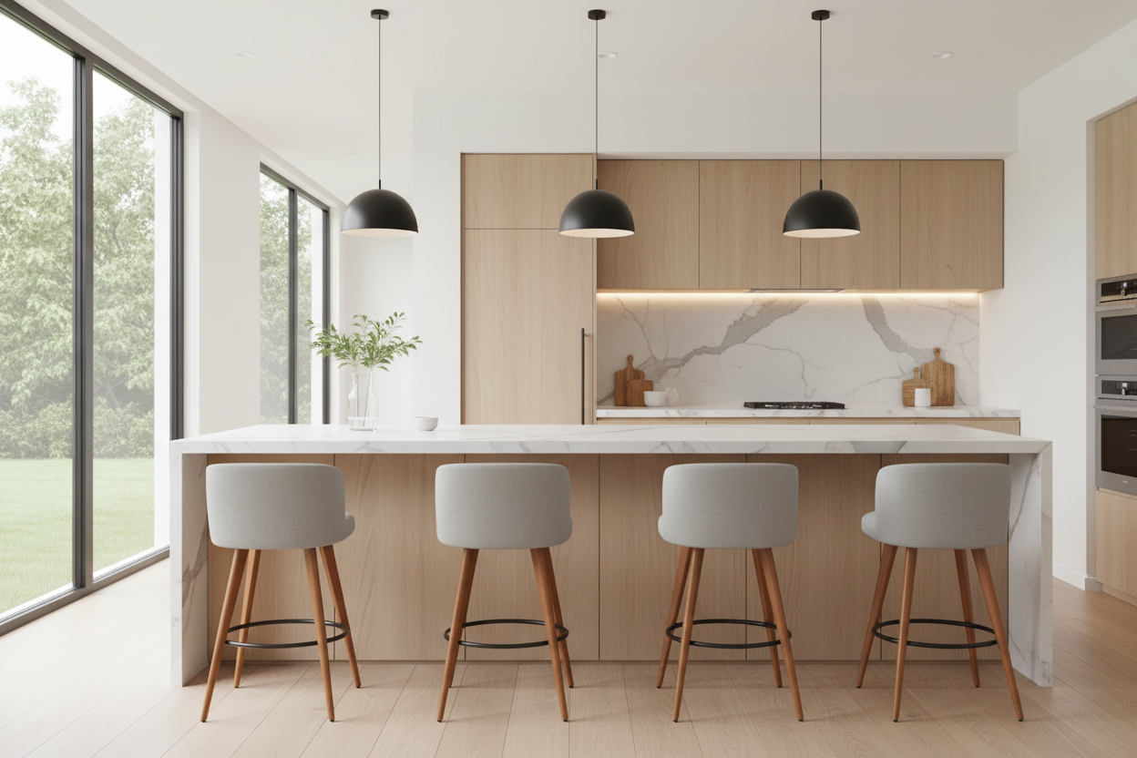 A modern kitchen island with a white marble-look countertop, light wood cabinetry, three black pendant lights, and four gray upholstered bar stools with wooden legs, set in a bright contemporary kitchen with large windows.