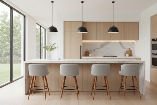 4x Bar Stools Linen Padded Wooden Grey