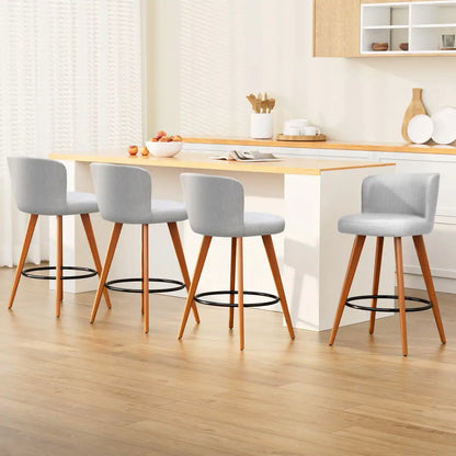 4x Bar Stools Linen Padded Wooden Grey