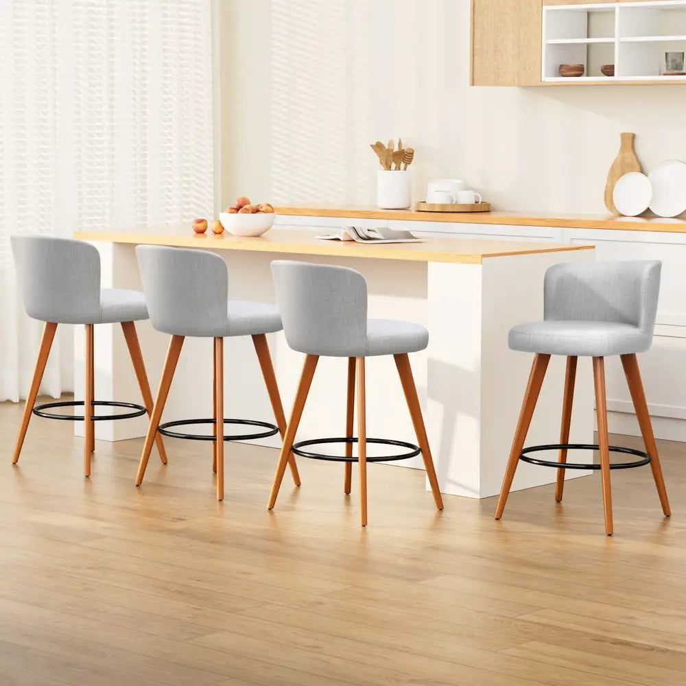 4x Bar Stools Linen Padded Wooden Grey