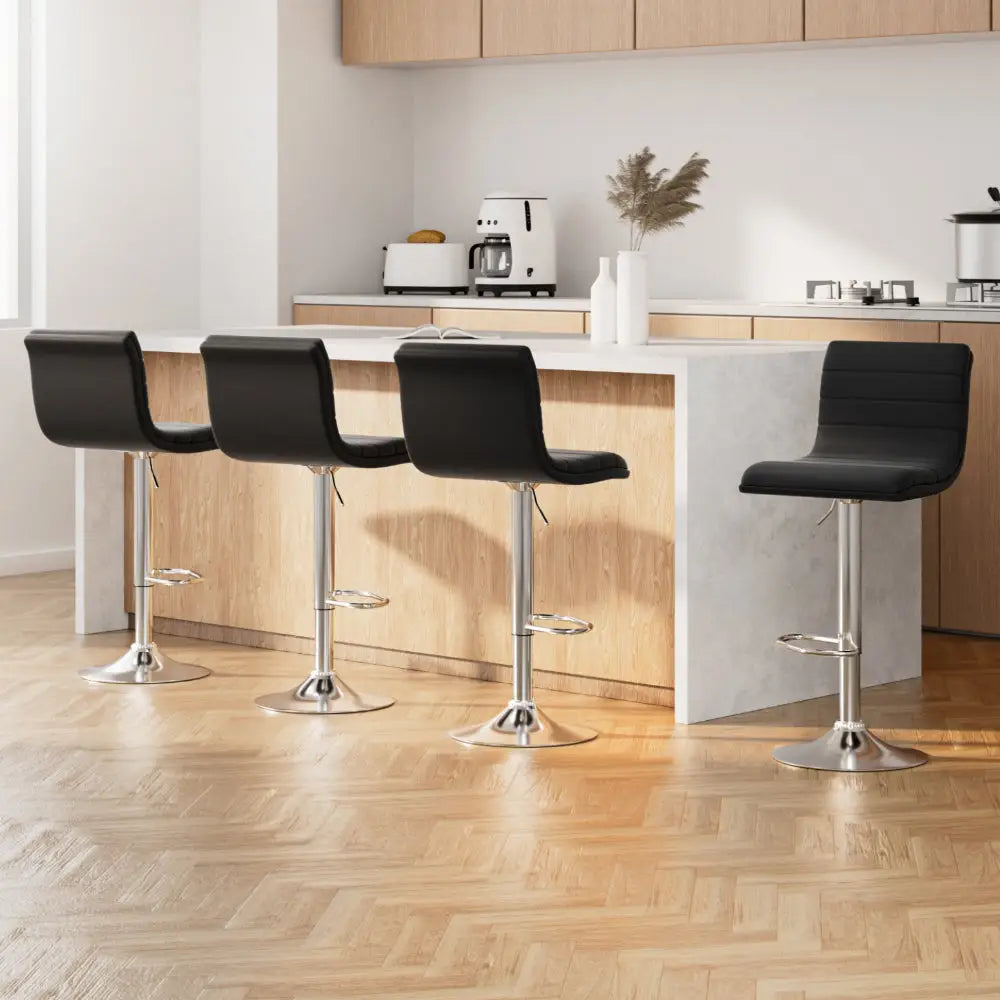 4x Bar Stools Padded Leather Gas Lift Black