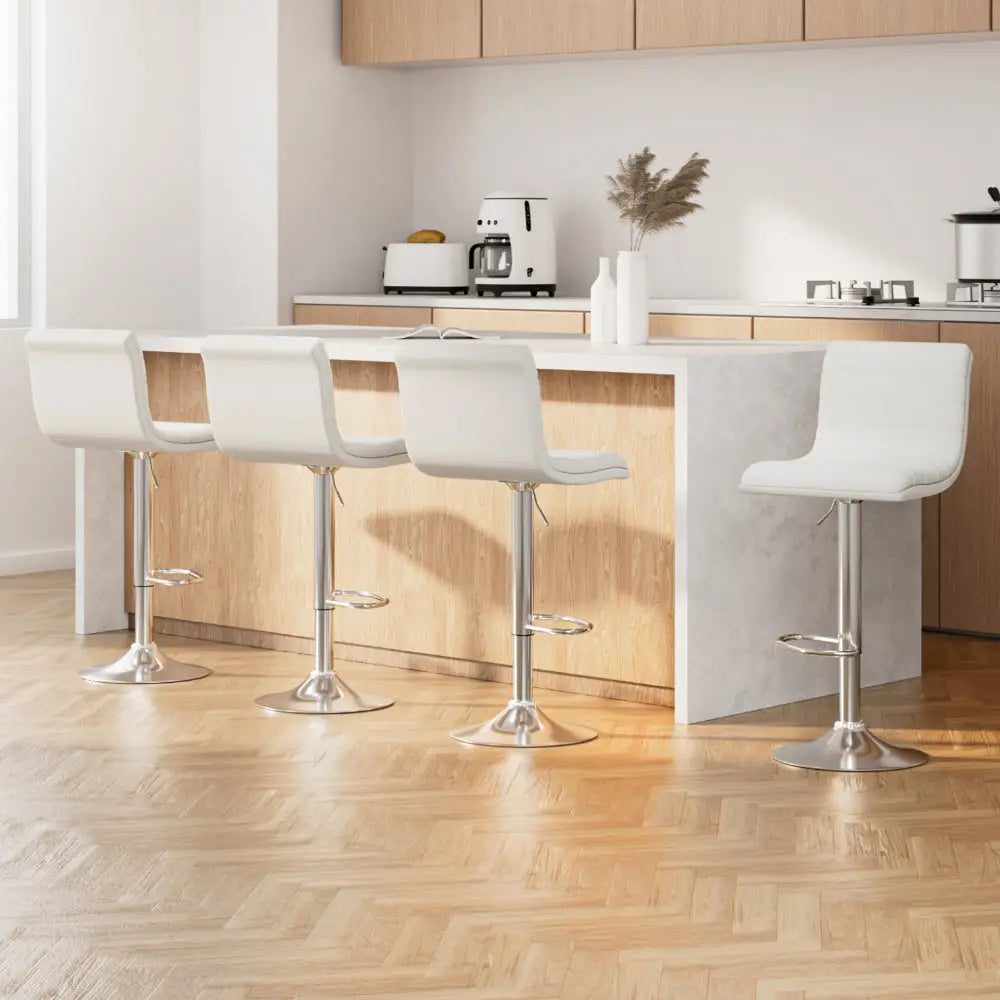 4x Bar Stools Padded Leather Gas Lift White
