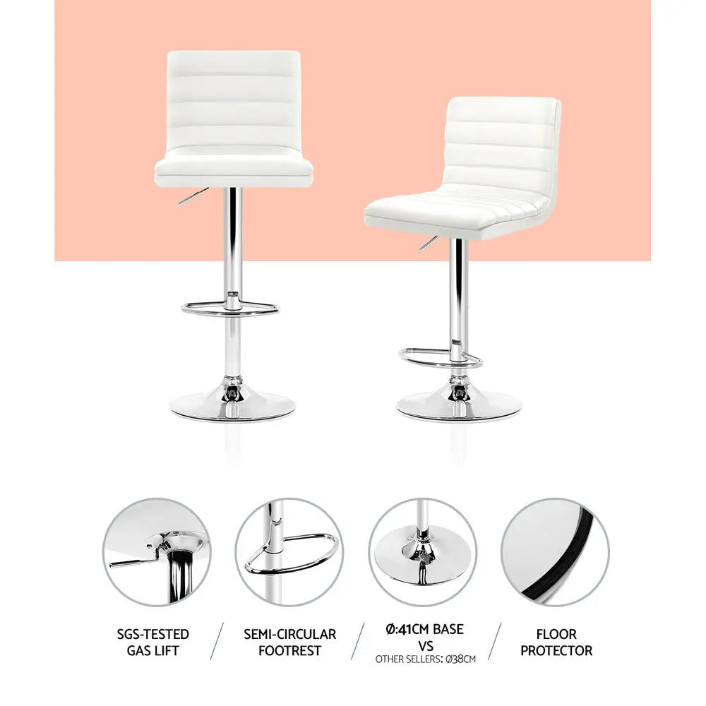 4x Bar Stools Padded Leather Gas Lift White