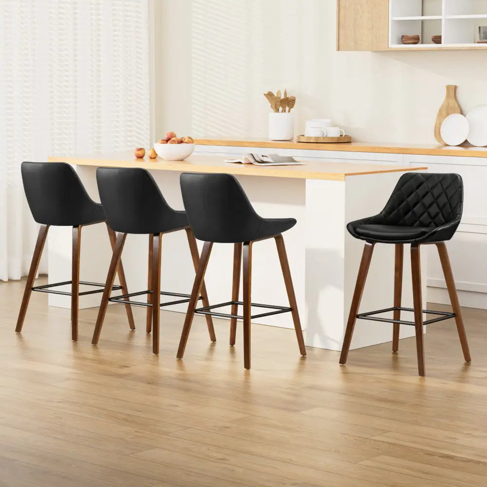 4x Bar Stools Pu Seat Wooden