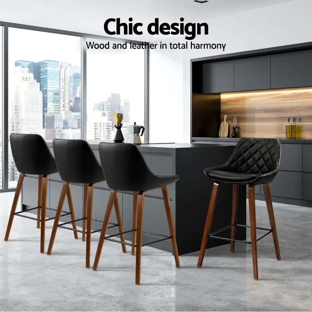4x Bar Stools Pu Seat Wooden