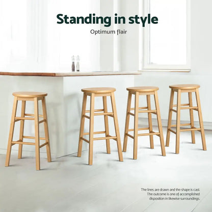 4x Bar Stools Round Chairs Wooden Nature