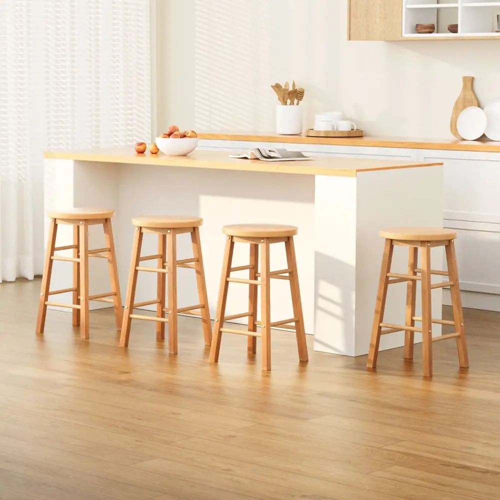 4x Bar Stools Round Chairs Wooden Nature