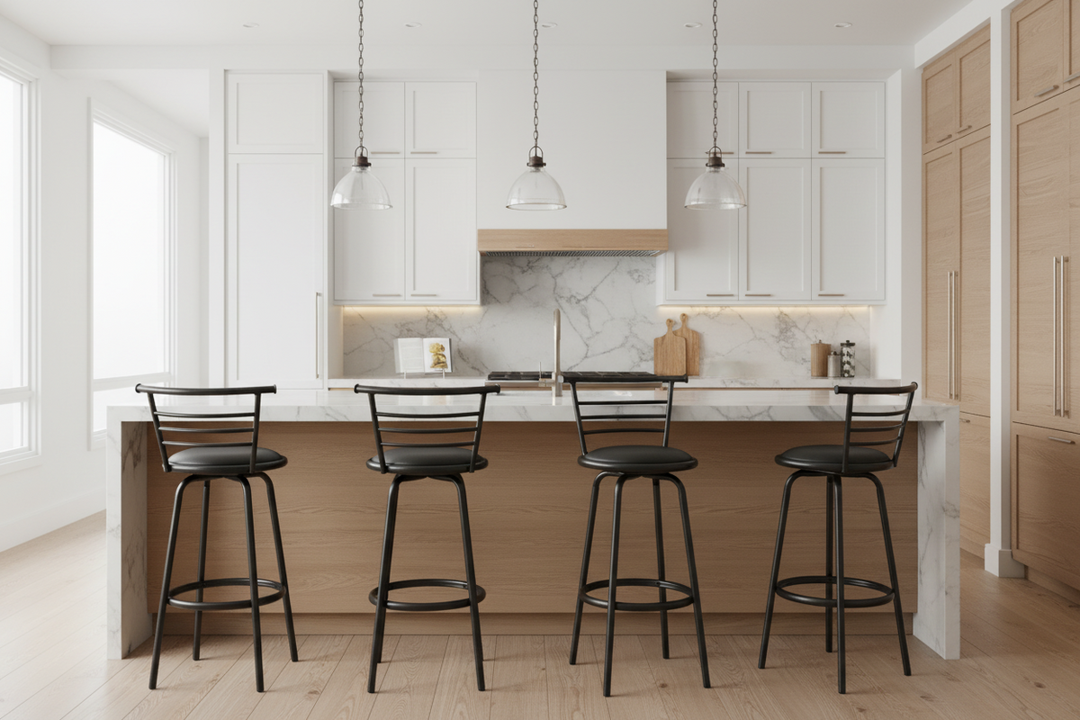A modern kitchen island with a light wood base and white marble countertop, surrounded by four black metal bar stools with dark seats. The background features white and light wood cabinetry, marble backsplash, and three hanging pendant lights.