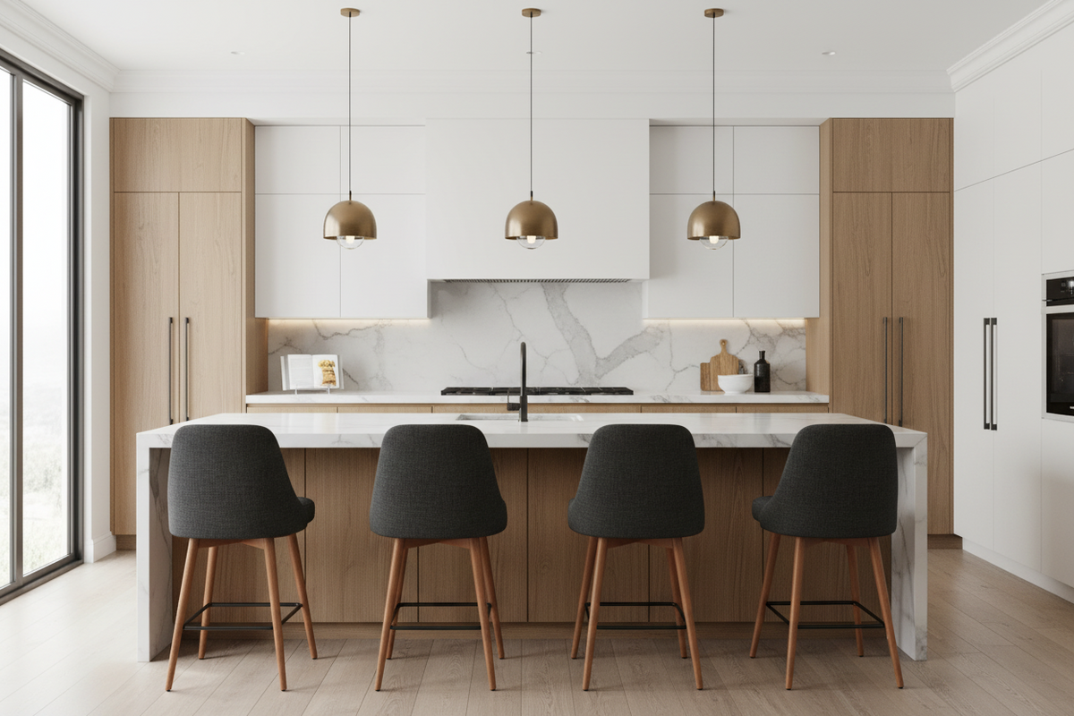 A modern kitchen island setup with four dark gray upholstered bar stools featuring wooden legs, set against a kitchen backdrop with light wood cabinets, a white marble backsplash, and three bronze dome pendant lights.