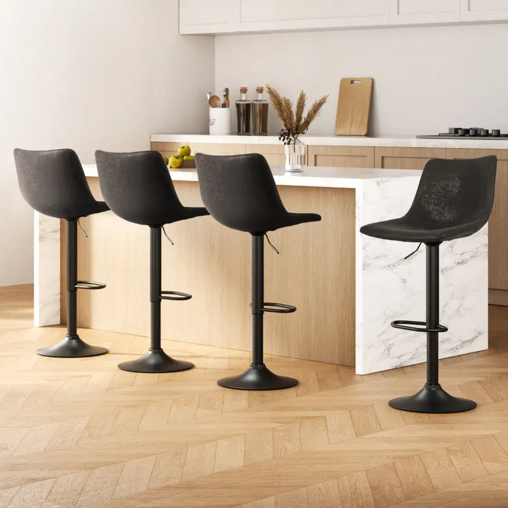 4x Bar Stools Vintage Leather Swivel Gas Lift Black