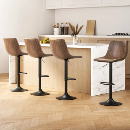 4x Bar Stools Vintage Leather Swivel Gas Lift Brown