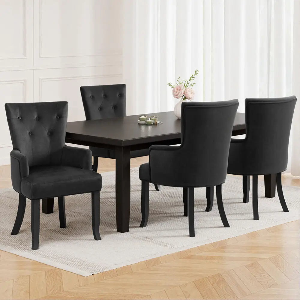 4x Dining Chairs Velvet French Provincial Armchair Black