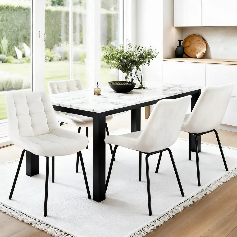 4x Dining Chairs Velvet Tufted Kitchen Lounge Cafe Accent Chair Beige