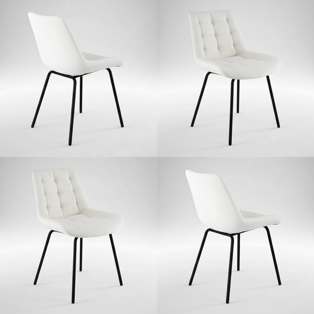 A white upholstered dining chair shown from four angles in a 2x2 grid, with a tufted backrest, curved seat, and slim black metal legs on a light gray studio background.