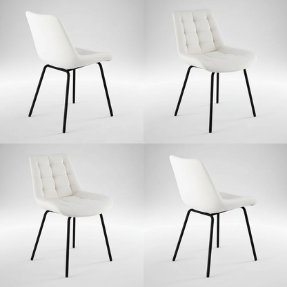 A white upholstered dining chair shown from four angles in a 2x2 grid, with a tufted backrest, curved seat, and slim black metal legs on a light gray studio background.