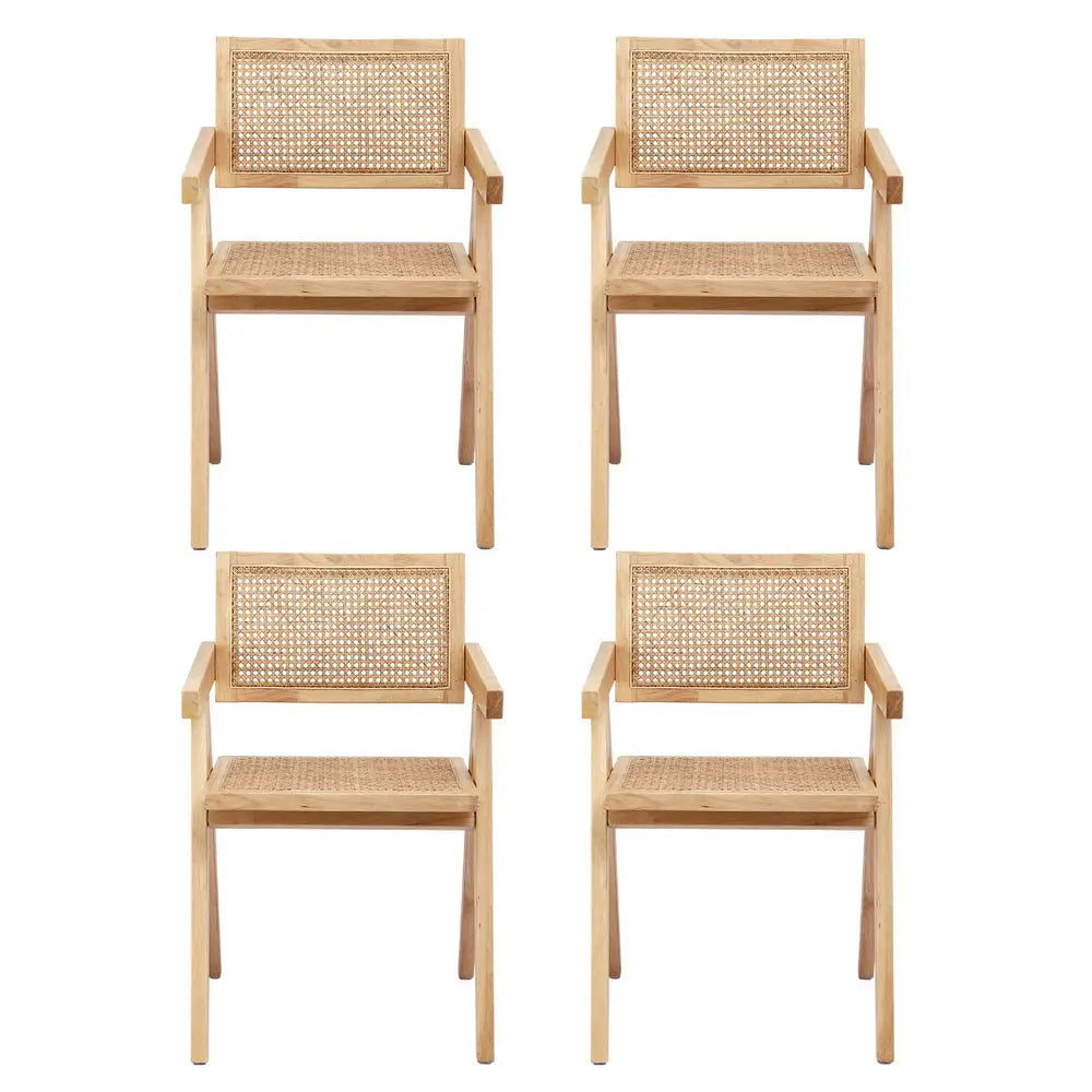 4x Dining Chairs Wooden Rattan Seat Rubber Wood Frame