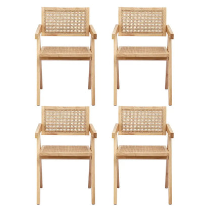 4x Dining Chairs Wooden Rattan Seat Rubber Wood Frame