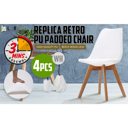 4x Retro Dining Cafe Chair Padded Seat White