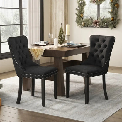 4x Velvet Dining Chairs Upholstered Tufted Kithcen Chair with Solid Wood Legs Stud Trim and Ring-black