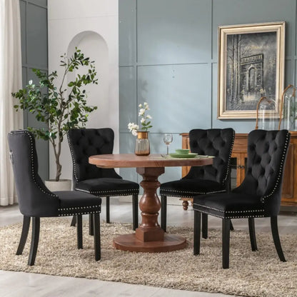 4x Velvet Dining Chairs Upholstered Tufted Kithcen Chair with Solid Wood Legs Stud Trim and Ring-black