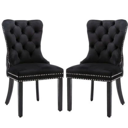 4x Velvet Dining Chairs Upholstered Tufted Kithcen Chair with Solid Wood Legs Stud Trim and Ring-black