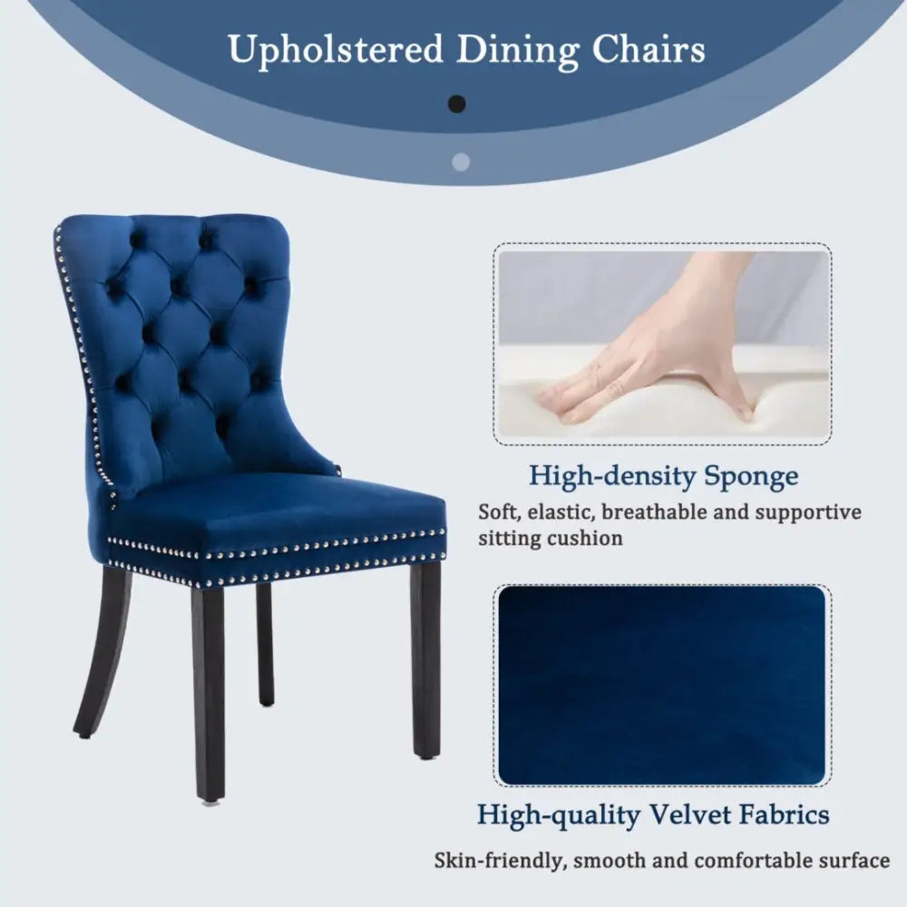 4x Velvet Dining Chairs Upholstered Tufted Kithcen Chair with Solid Wood Legs Stud Trim and Ring-blue
