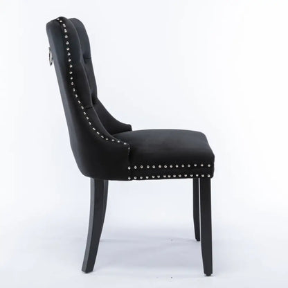 4x Velvet Dining Chairs Upholstered Tufted Kithcen Chair with Solid Wood Legs Stud Trim and Ring-black
