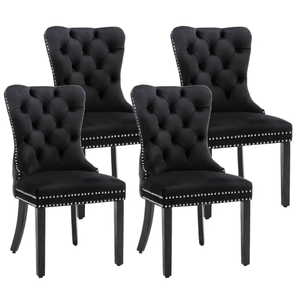 4x Velvet Dining Chairs Upholstered Tufted Kithcen Chair with Solid Wood Legs Stud Trim and Ring-black