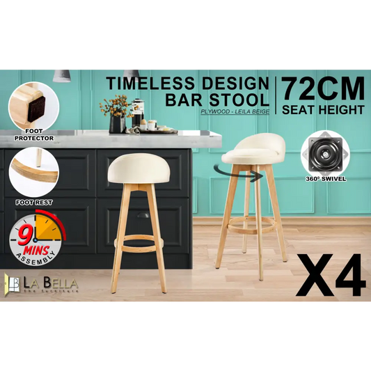 4x Wooden Bar Stool Dining Chair Fabric Leila 72cm Beige