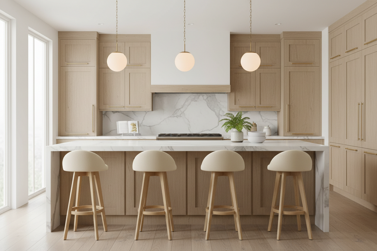 A modern kitchen island with light wood cabinets, a white marble backsplash, three pendant lights, and four matching bar stools with cream seats and light wood legs.