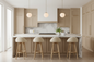 A modern kitchen island with light wood cabinets, a white marble backsplash, three pendant lights, and four matching bar stools with cream seats and light wood legs.