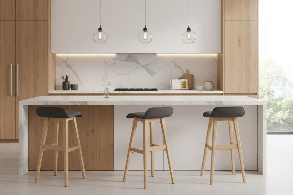 A modern kitchen island with a white marble-look countertop and base, four gray upholstered bar stools with light wood legs, white cabinetry, pendant lights, and a wood-look backsplash in a bright open-plan interior.