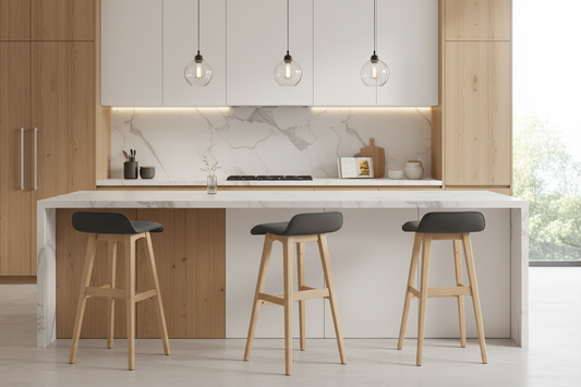 Set of 4 Fabric Bar Stools 74cm Seat Height - Grey Scandi Wooden Legs