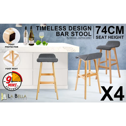 4x Wooden Bar Stool Dining Chair Fabric Sophia 74cm Grey