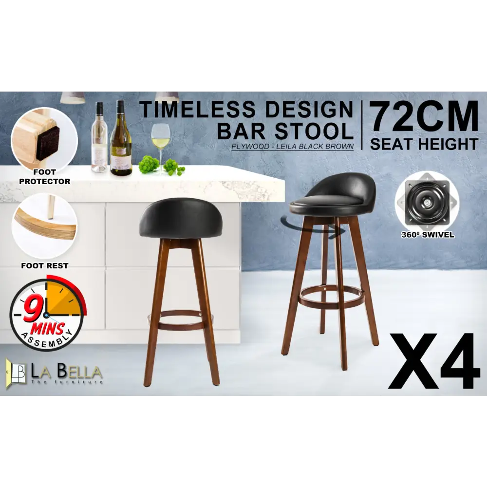 4x Wooden Bar Stool Dining Chair Leather Leila 72cm Black Brown
