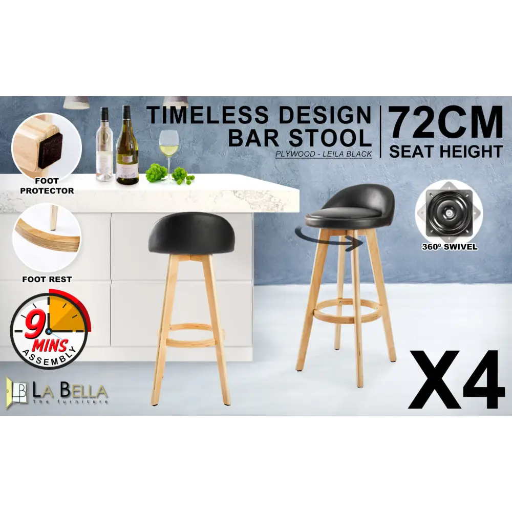 4x Wooden Bar Stool Dining Chair Leather Leila 72cm Black
