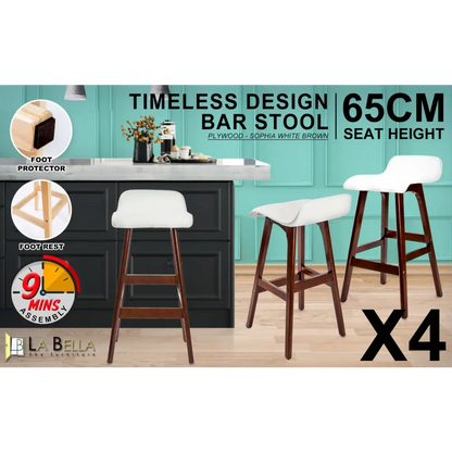 4x Wooden Bar Stool Dining Chair Leather Sophia 65cm White Brown