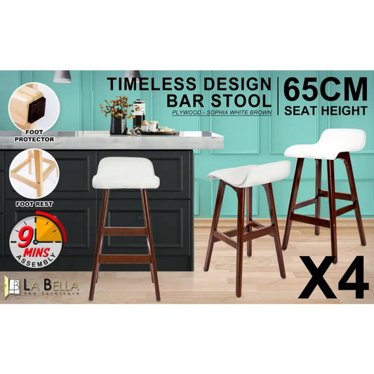 4x Wooden Bar Stool Dining Chair Leather Sophia 65cm White Brown