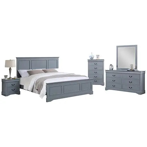 5 Pieces Bedroom Suite in Solid Wood & Mdf King Size Grey Colour Bed Bedside Table Dresser Tallboy