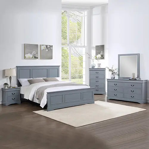5 Pieces Bedroom Suite in Solid Wood & Mdf Queen Size Grey Colour Bed Bedside Table Dresser Tallboy