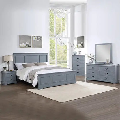 5 Pieces Bedroom Suite in Solid Wood & Mdf Queen Size Grey Colour Bed Bedside Table Dresser Tallboy