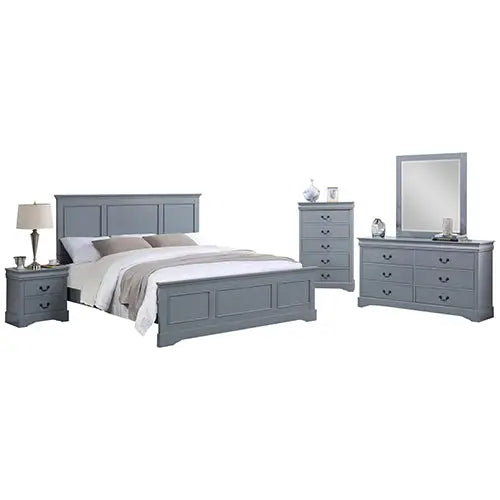 5 Pieces Bedroom Suite in Solid Wood & Mdf Queen Size Grey Colour Bed Bedside Table Dresser Tallboy