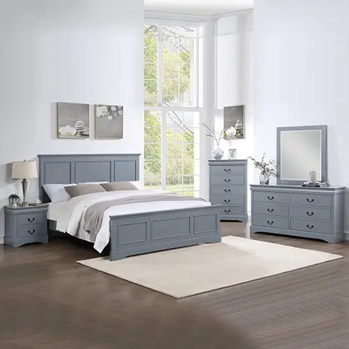 5 Pieces Bedroom Suite in Solid Wood & Mdf Queen Size Grey Colour Bed Bedside Table Dresser Tallboy