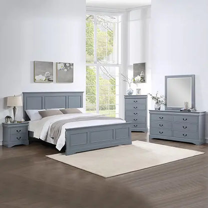 5 Pieces Bedroom Suite in Solid Wood & Mdf Queen Size Grey Colour Bed Bedside Table Dresser Tallboy