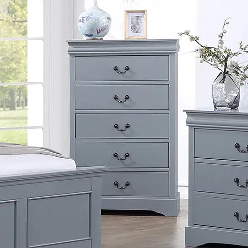 5 Pieces Bedroom Suite in Solid Wood & Mdf Queen Size Grey Colour Bed Bedside Table Dresser Tallboy