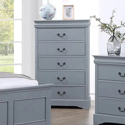 5 Pieces Bedroom Suite in Solid Wood & Mdf Queen Size Grey Colour Bed Bedside Table Dresser Tallboy