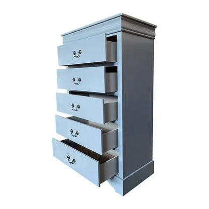 5 Pieces Bedroom Suite in Solid Wood & Mdf Queen Size Grey Colour Bed Bedside Table Dresser Tallboy