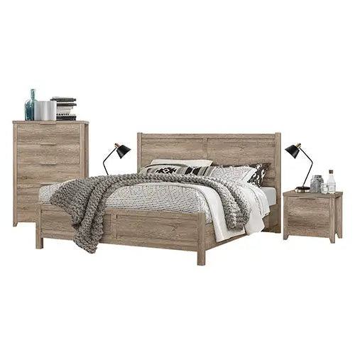 5 Pieces Bedroom Suite Natural Wood Like Mdf Structure Double Size Oak Colour Bed Bedside Table Tallboy & Dresser
