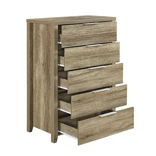 5 Pieces Bedroom Suite Natural Wood Like Mdf Structure Double Size Oak Colour Bed Bedside Table Tallboy & Dresser