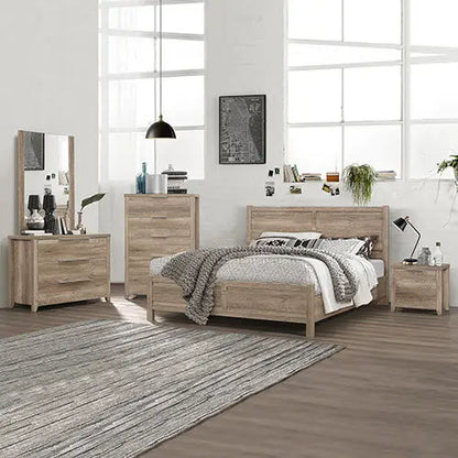 5 Pieces Bedroom Suite Natural Wood Like Mdf Structure King Size Oak Colour Bed Bedside Table Tallboy & Dresser
